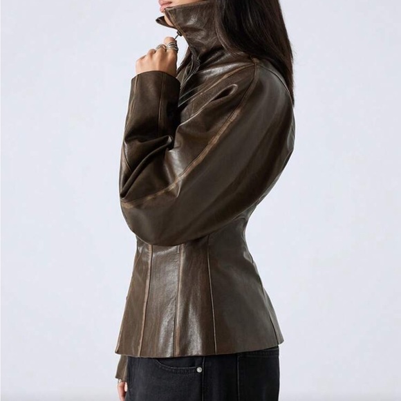 Brown zipper cinch waist puff sleeve blazer distressed brown faux leather jacket - Picture 7 of 7